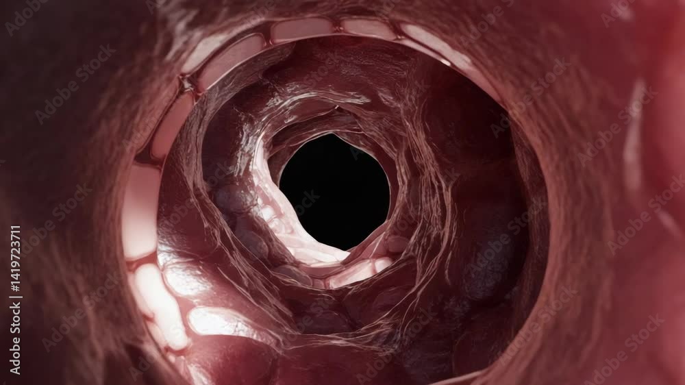 Intestinal tract endoscopy depicting internal organ anatomy, medical illustration showing intestines, abstract red tissue texture for scientific visualization