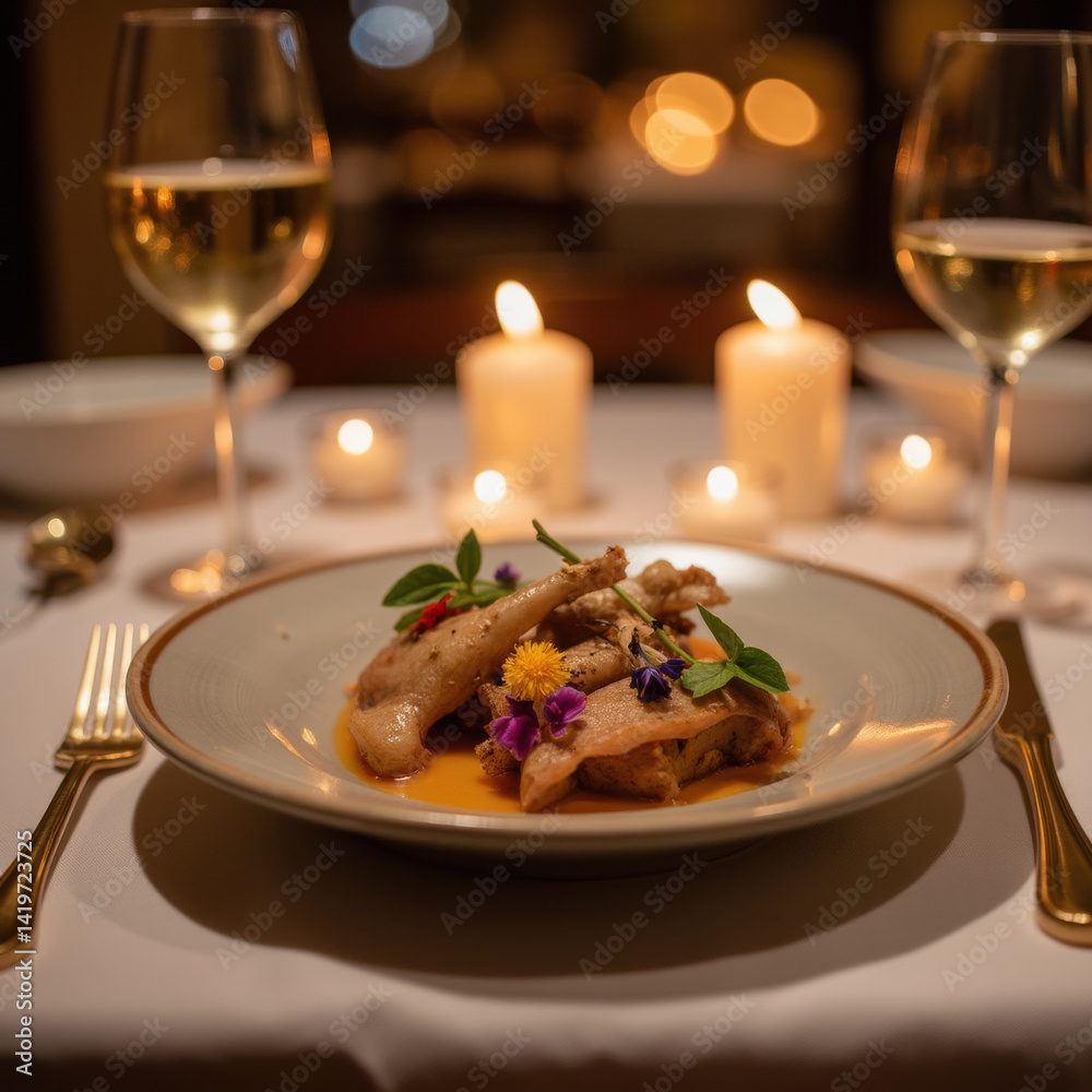 beautifully arranged plate of roasted chicken garnished with edible flowers, served fine dining table with candles and wine glasses, creating