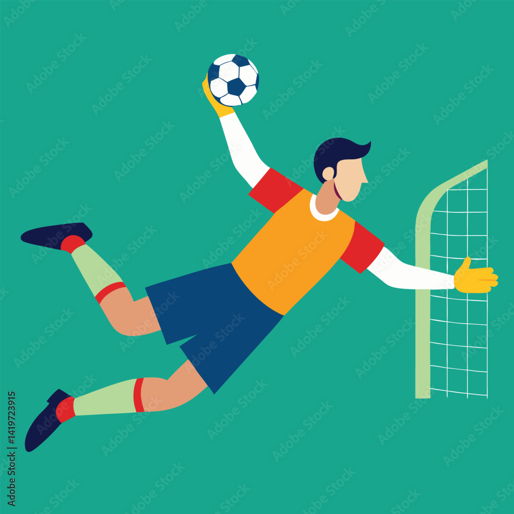 Fototapeta premium A cartoon vector illustration shows a soccer player boy kicking the ball in a fun game