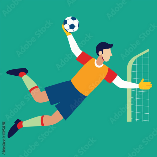 A cartoon vector illustration shows a soccer player boy kicking the ball in a fun game