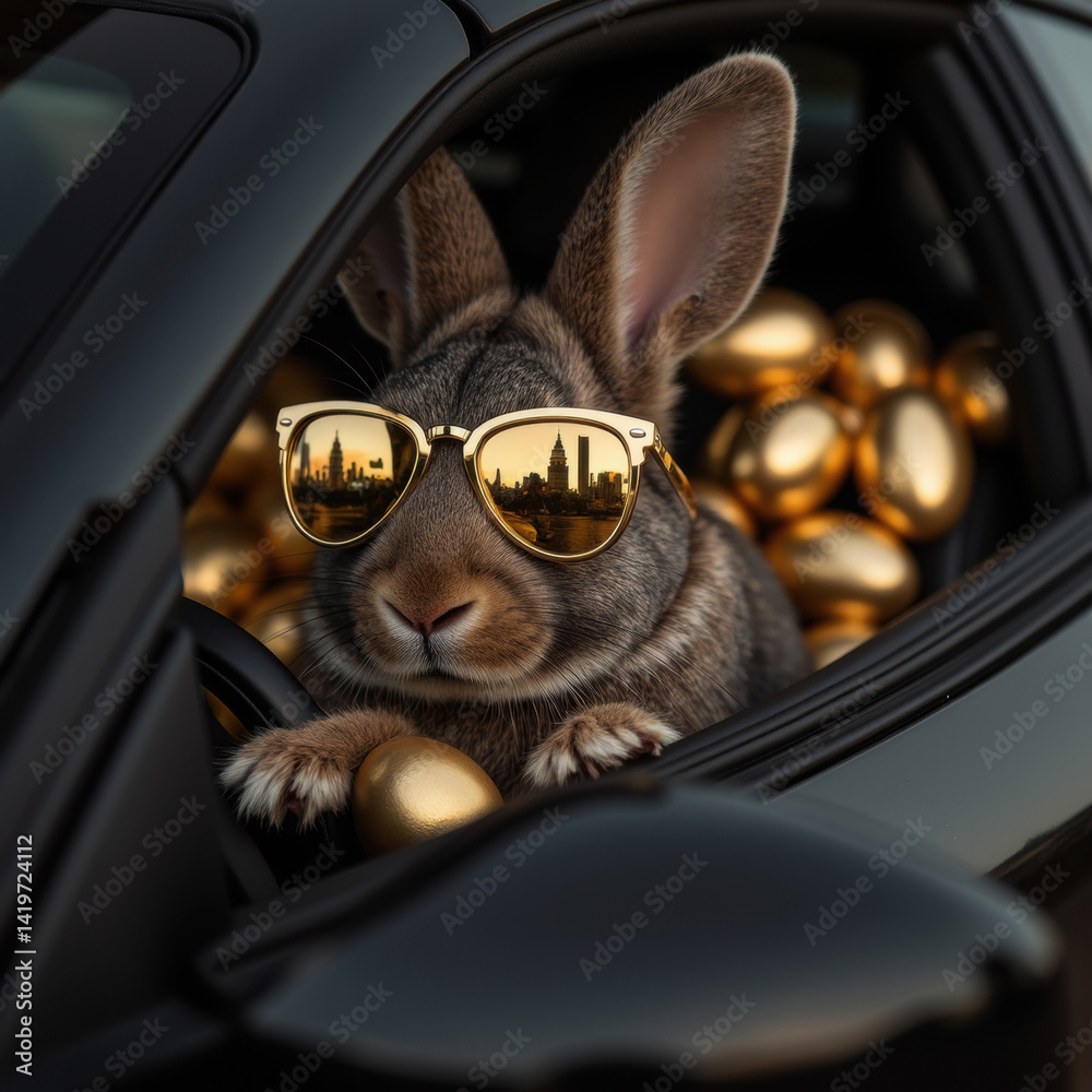 stylish rabbit wearing sunglasses sits in luxury car filled with golden eggs, exuding playful and fun vibe