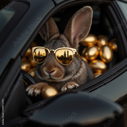 Obraz na płótnie stylish rabbit wearing sunglasses sits in luxury car filled with golden eggs, exuding playful and fun vibe w salonie