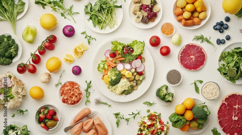Many different healthy food on white table, flat lay Many different healthy food on white table, flat lay