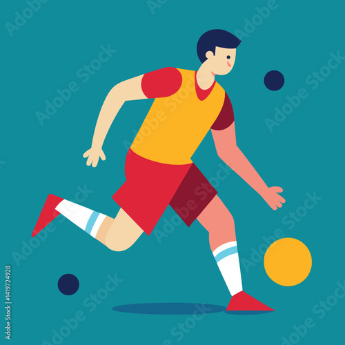 A vector cartoon illustration shows a sport player, a tennis athlete silhouette in action with a ball during a game