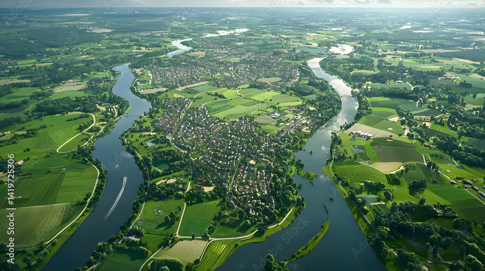 Fototapeta premium Aerial View Of Winding River And Green Fields Surrounding A Town