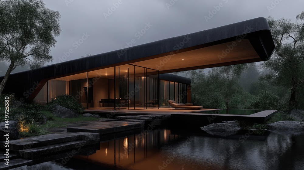 Modern, sleek home nestled in a misty forest. Glass-walled living space, a dark exterior, and a tranquil water feature Modern, sleek home nestled in a misty forest. Glass-walled living space, a dark exterior, and a tranquil water feature