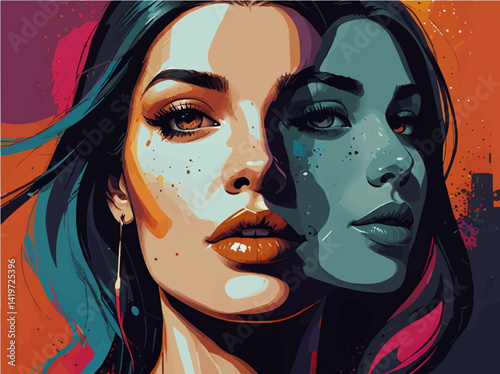 Surreal Double Exposure Digital Portrait of a Woman in Bold Vector Art Style