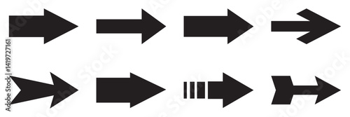 Arrow icons set. Simple arrow big set. Arrow collection. Black arrow forward. Straight pointed arrow icon. Black arrow pointing to the right. Black direction pointer. Vector illustration. 