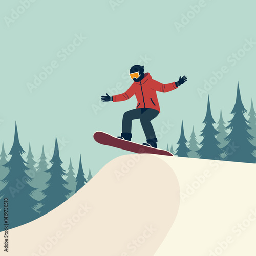 Snowboarder performing tricks on the slope against pine trees