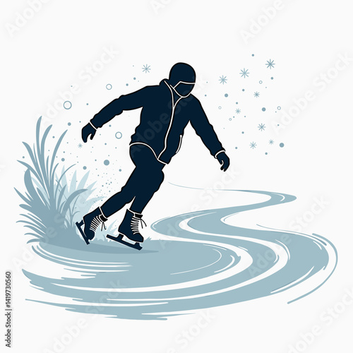 Skater gliding gracefully on ice with snowflakes in background