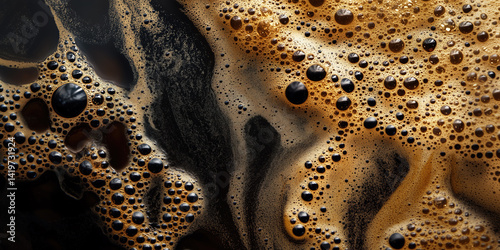dark espresso with a thick golden crema, tiny bubbles forming delicate swirls on the surface, a macro and full-frame texture shot, close-up texture, top view