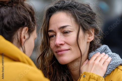 An intimate scene of two women sharing a moment of connection, showcasing the depth of their bond with expressions of understanding and warmth. photo