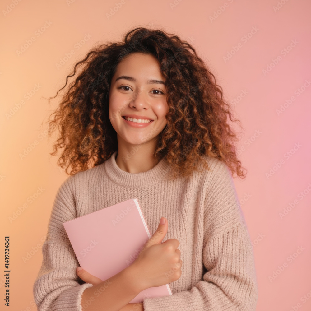cheerful young woman with curly hair holds pink notebook against soft pastel background, radiating warmth and positivity cheerful young woman with curly hair holds pink notebook against soft pastel background, radiating warmth and positivity