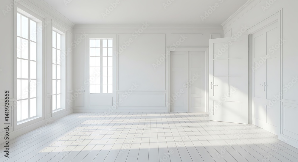 Fototapeta premium Bright interior showcasing open door and light-filled modern architecture