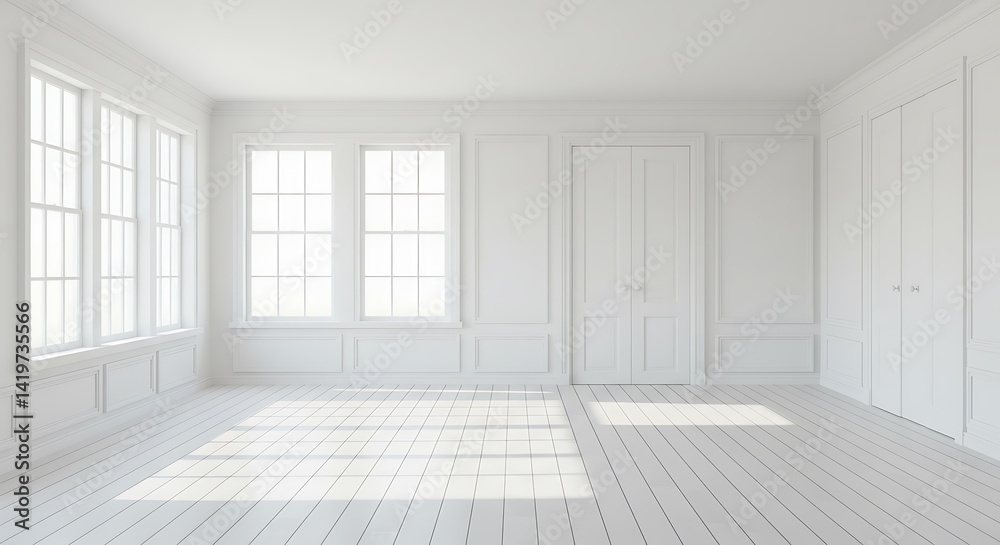 Obraz premium Bright all-white room with natural light beaming through grid-pane windows