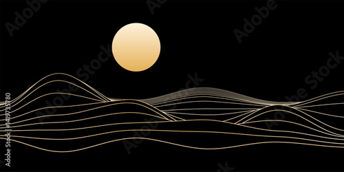 Sand dune background. Mountains landscape. Minimalist golden line art backdrop. Rolling hills with glowing sun isolated on black. Trendy abstract futuristic vector illustration.