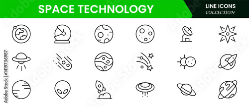 Space and Technology icon set. Containing satellites, the universe, astronauts, rockets, comets, telescopes and planets, and more icons