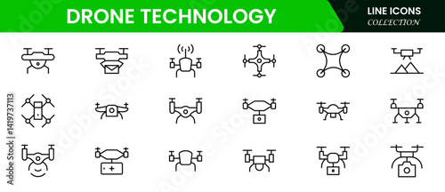 Drone Technology vector line icon set. Contains linear outline icons like Quadrocopter, Propeller, Remote Control, Radar, Camera, Battery, Delivery, and Copter. 