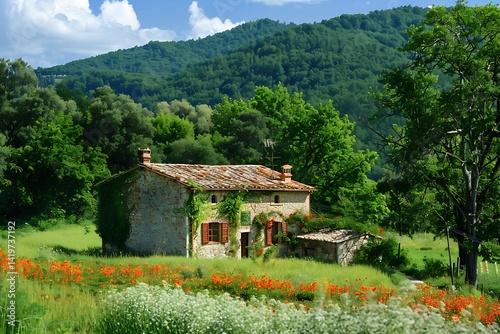 Stone House In A Lush Green Landscape With Poppy Flowers Under Bright Sunlight