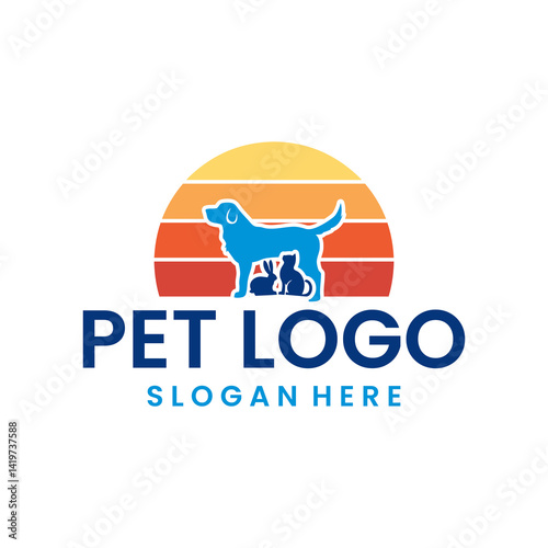 simple dog, cat, rabbit Silhouette with sunset for pet care company logo design template vector