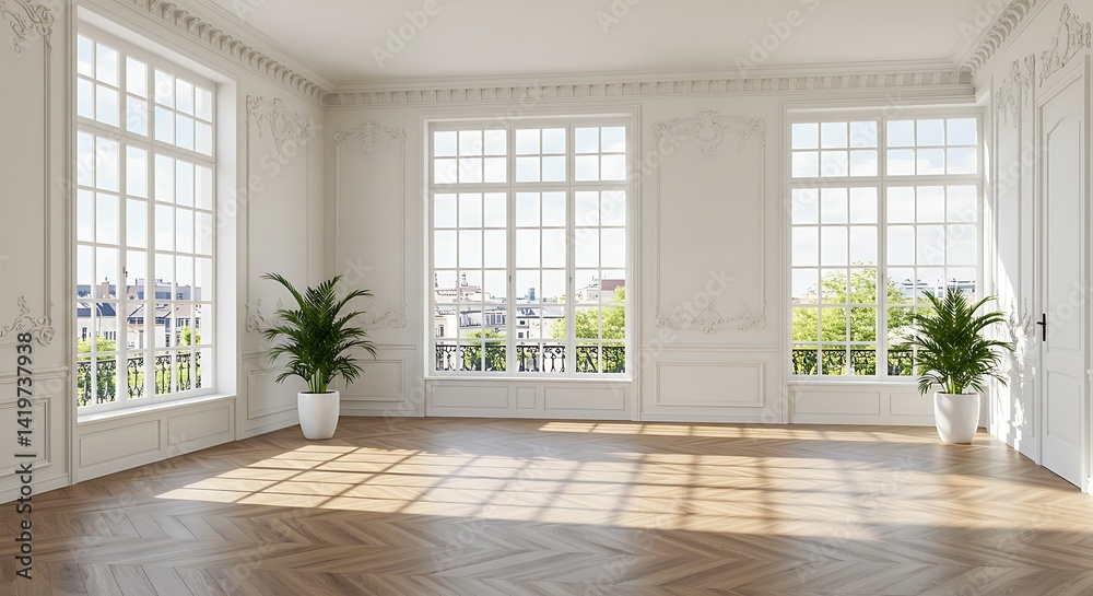 Bright spacious empty room, large windows and natural light, classic interior style Bright spacious empty room, large windows and natural light, classic interior style