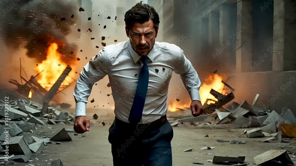 Man running from massive city explosion in dramatic action destruction scene
