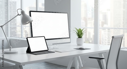 A minimalistic workspace featuring a computer monitor tablet and lamp on a white desk near a window