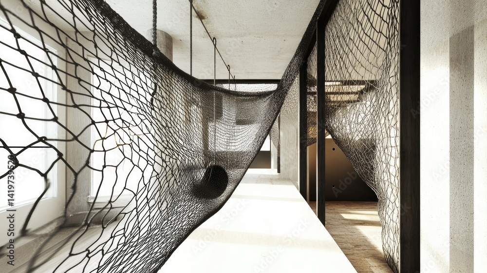 Obraz premium Architectural Installation: Interwoven Nets in a Modern Space
