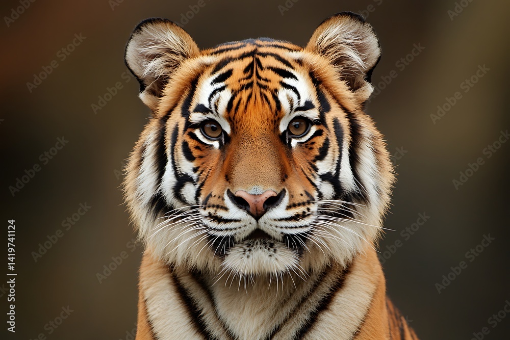 Fototapeta premium Striking Portrait Of Tiger Showcasing Striking Orange And Black Stripes Against Blurred Brown