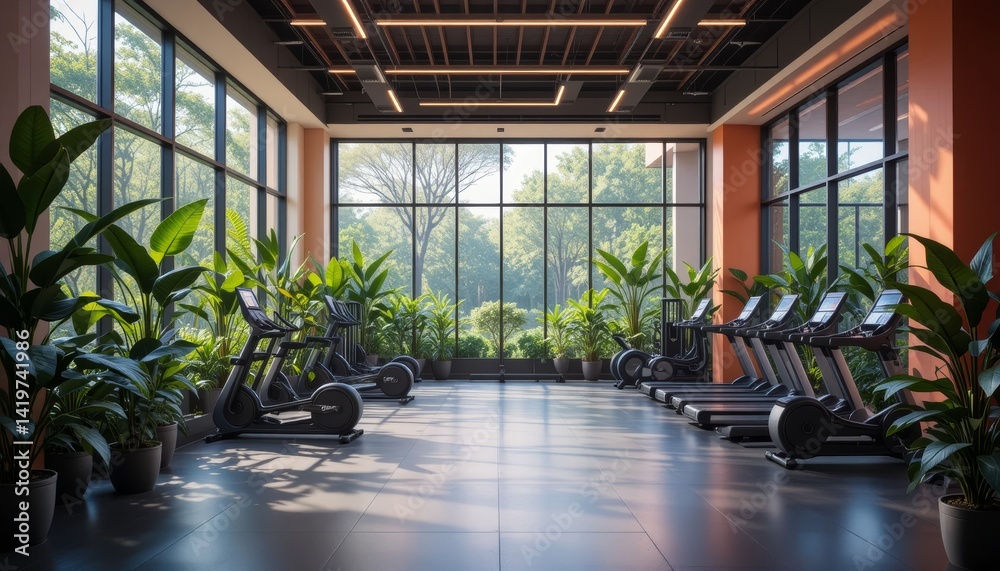 Modern Minimalist Gym with Large Windows and Indoor Plants Modern Minimalist Gym with Large Windows and Indoor Plants