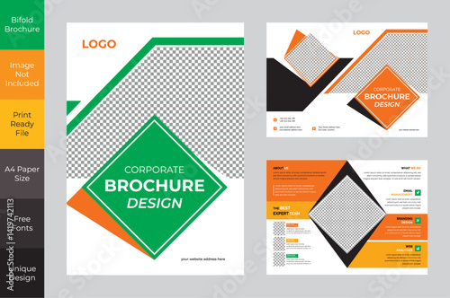 6 Brochure & 1 Flyer designs with various shapes like round, triangular etc. and customizable colors like off-white, green, sky blue, pink, orange, blue etc.