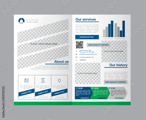6 Brochure & 1 Flyer designs with various shapes like round, triangular etc. and customizable colors like off-white, green, sky blue, pink, orange, blue etc.