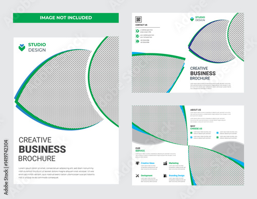 6 Brochure & 1 Flyer designs with various shapes like round, triangular etc. and customizable colors like off-white, green, sky blue, pink, orange, blue etc.