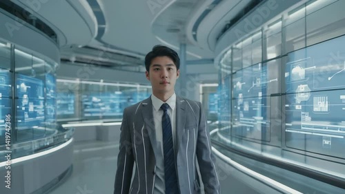 Wallpaper Mural Asian businessman walking confidently through a futuristic, high-tech corridor displaying complex holographic interfaces and data visuals on screens. Torontodigital.ca