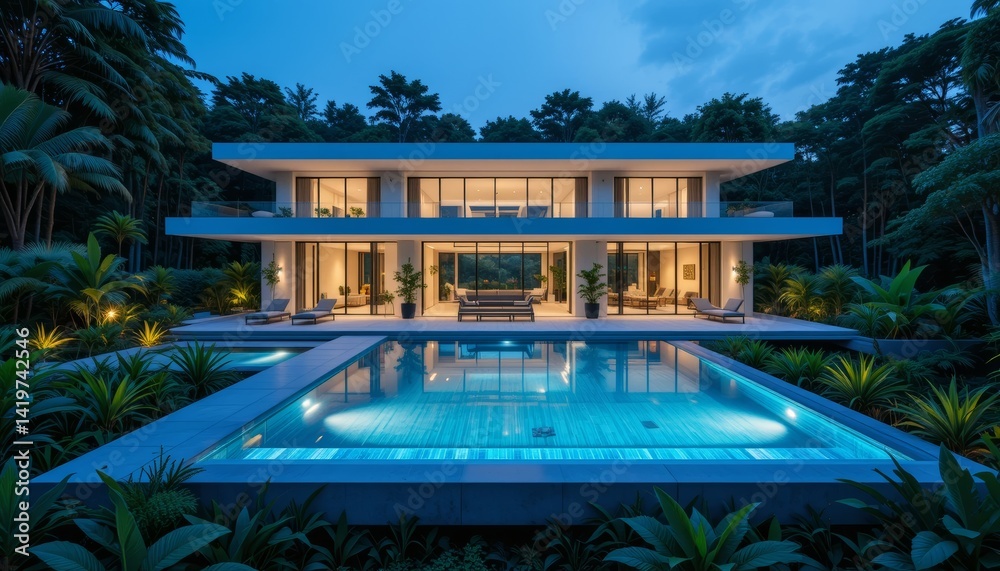 Obraz premium Modern Minimalist Villa with Garden and Pool at Sunset