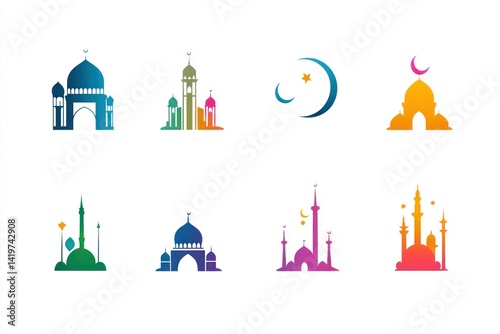 Eight colorful mosque icons; crescent moon, star, minarets, dome.