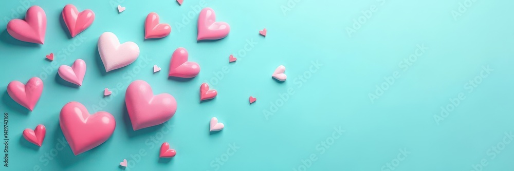 Obraz premium Pastel hearts scattered on turquoise background, valentines, macro