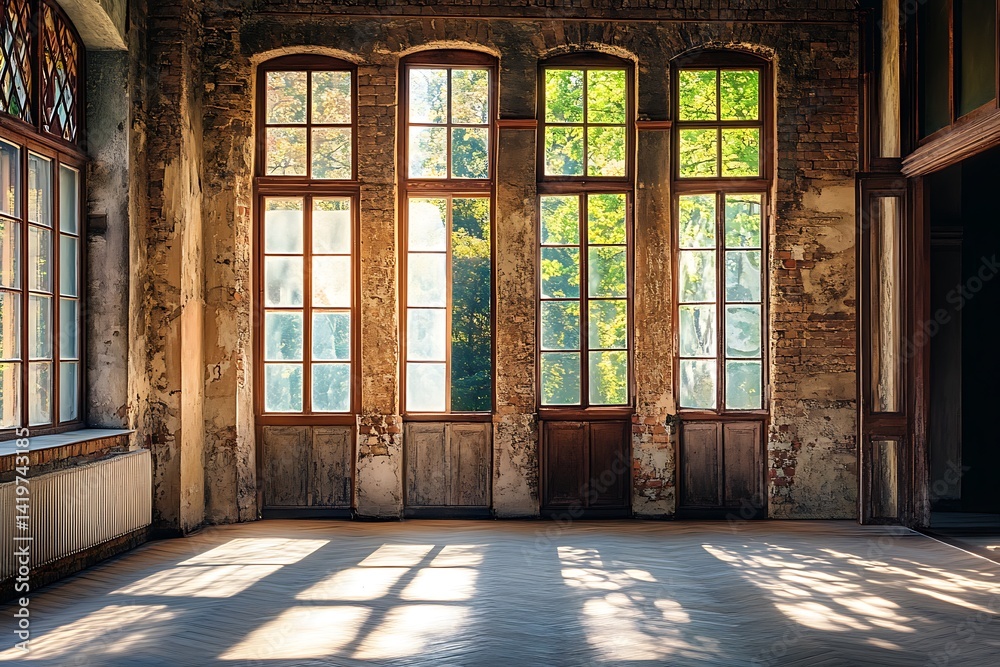 Sunlight Streaming Through Windows In An Abandoned Interior With Peeling Walls Sunlight Streaming Through Windows In An Abandoned Interior With Peeling Walls