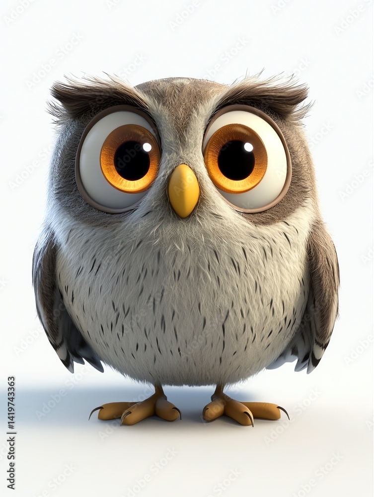 Fototapeta premium Adorable 3D Cartoon Owl with Big Eyes, Soft Fur, and Yellow Beak Stands on White Background