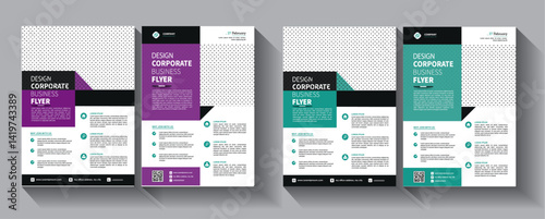 6 Brochure & 1 Flyer designs with various shapes like round, triangular etc. and customizable colors like off-white, green, sky blue, pink, orange, blue etc.