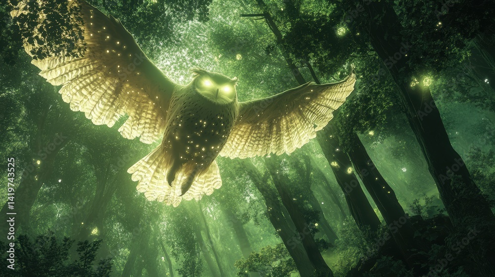 Fototapeta premium Majestic Owl Gliding Through Enchanted Forest Surrounded by Glowing Fireflies and Lush Greenery at Dusk