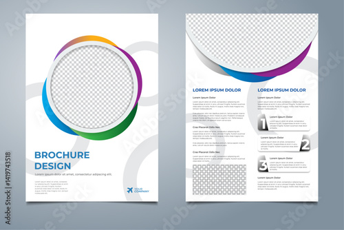 6 Brochure & 1 Flyer designs with various shapes like round, triangular etc. and customizable colors like off-white, green, sky blue, pink, orange, blue etc.