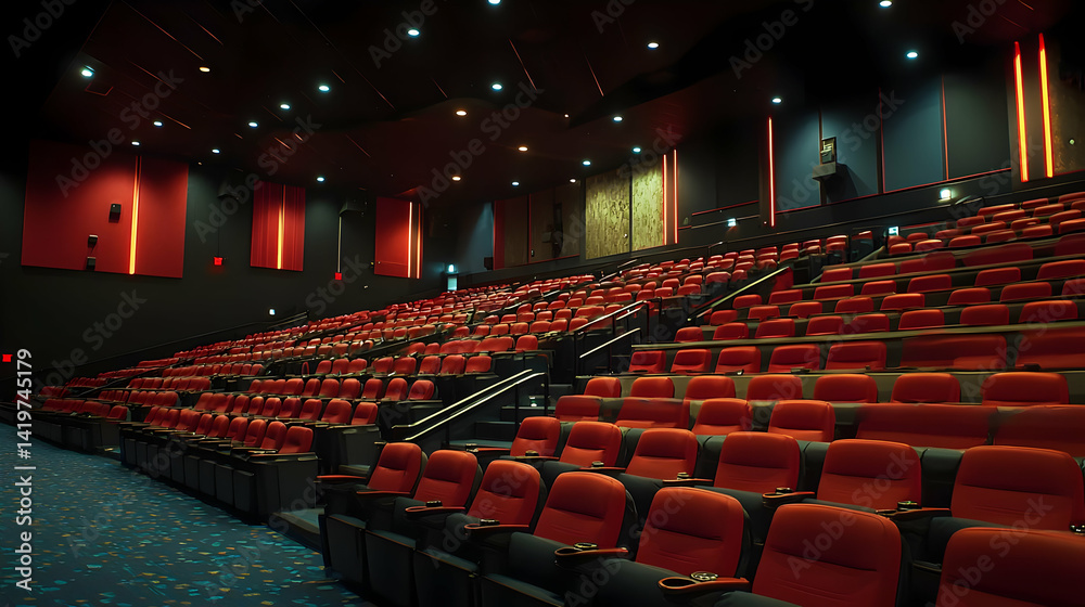Naklejka premium Empty Modern Movie Theater Auditorium With Red Seats