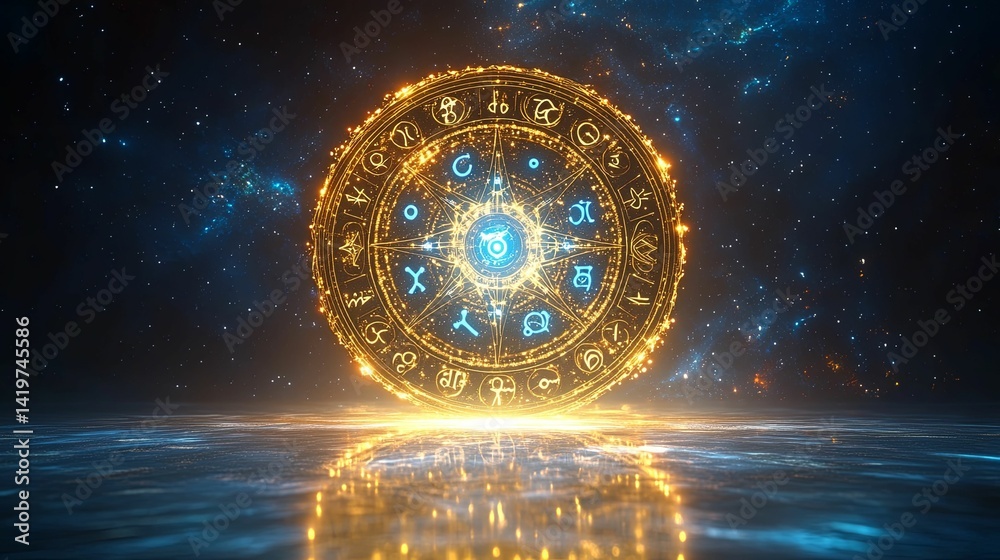 Golden celestial wheel radiating luminous symbols on a dark background. Golden celestial wheel radiating luminous symbols on a dark background.