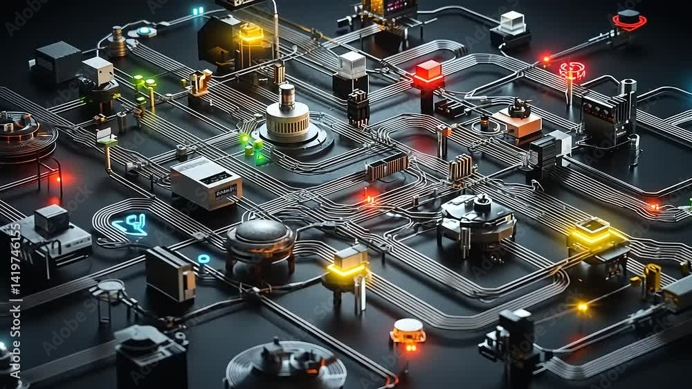 Intricate network of industrial components with glowing lights, showcasing a complex system in action