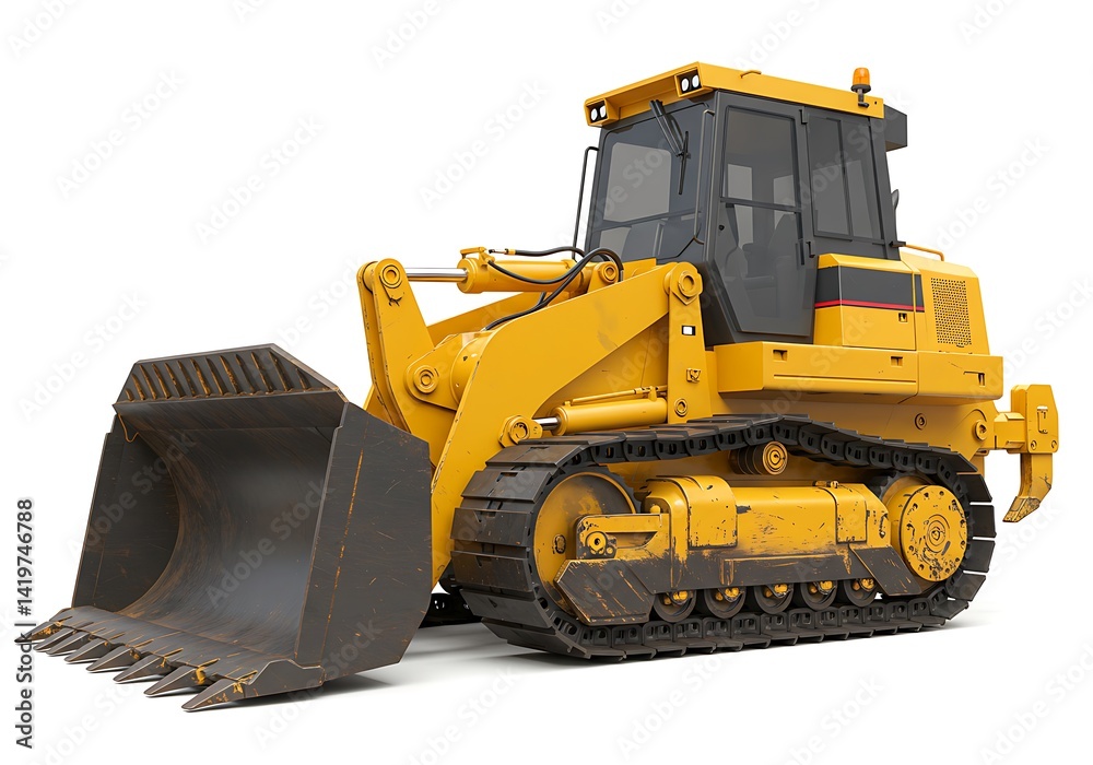 Fototapeta premium Yellow track loader isolated on a white background. Heavy construction equipment. 