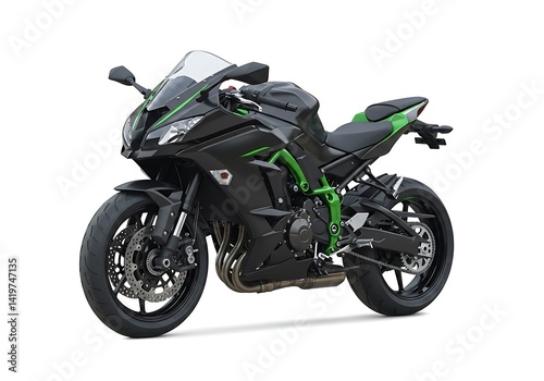 Black and green sports motorbike isolated on a white background. Supercharged motorcycle.
 photo