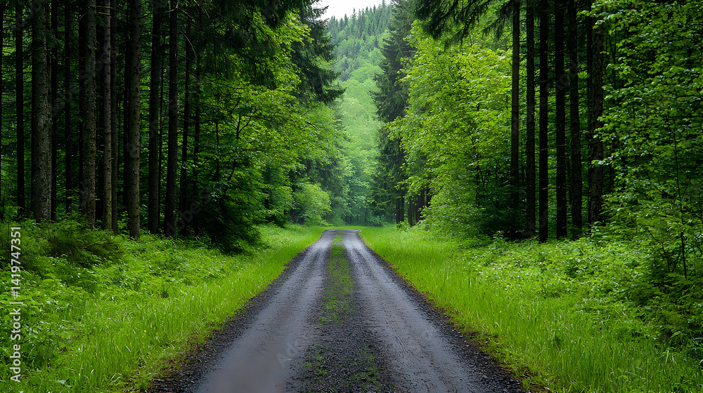 Fototapeta premium Forest Road Path Through Lush Green Woods