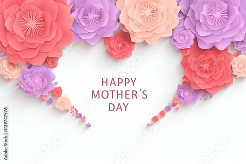 Happy Mother's Day background with paper roses and heart frame vector illustration, text 