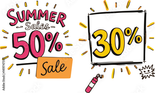 Summer Sale 50% Off Sale Announcement with 30% Discount Signs  